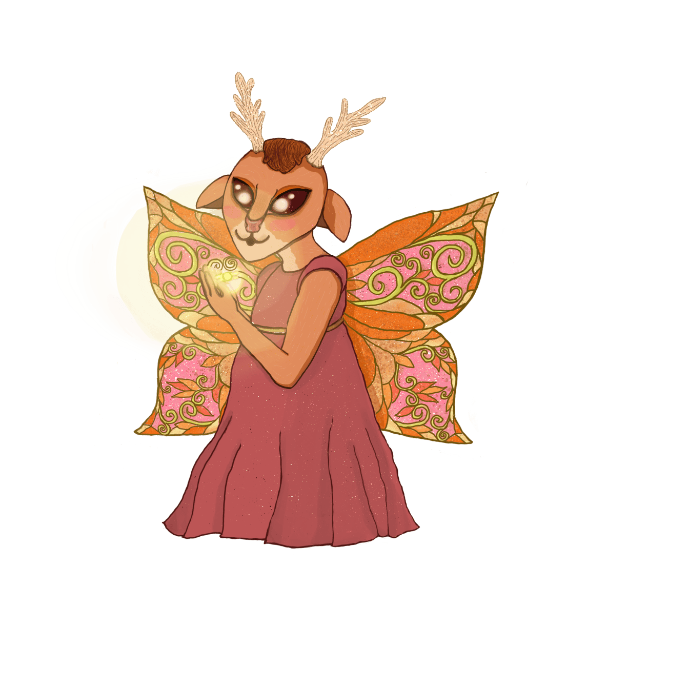 a colorful drawing of a fairy with a deer's head and antlers. She wears a maroon dress. Her wings have swirling designs with a more autumn/summer palette. In her hands, she holds a smaller, glowing fairy