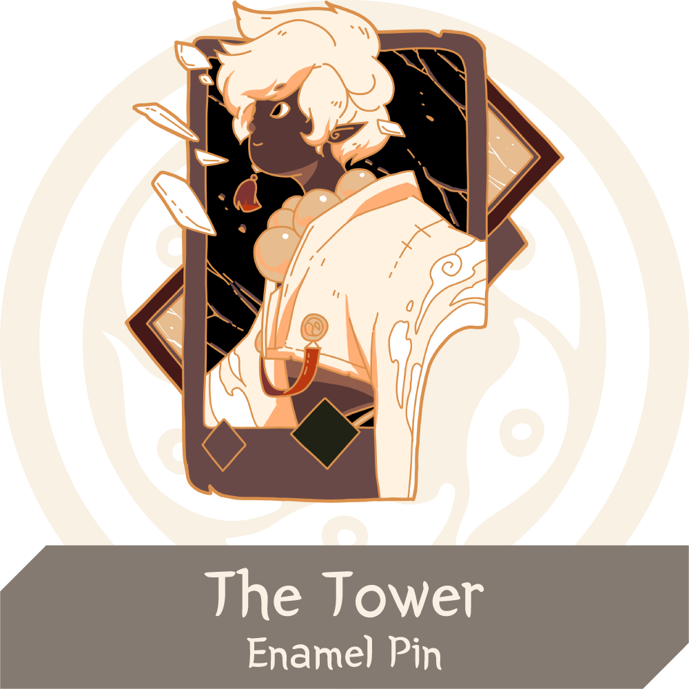 Preview of The Tower pin, with a kami looking left. The frame is cracking a little and shards are flying around, but the figure looks happy.