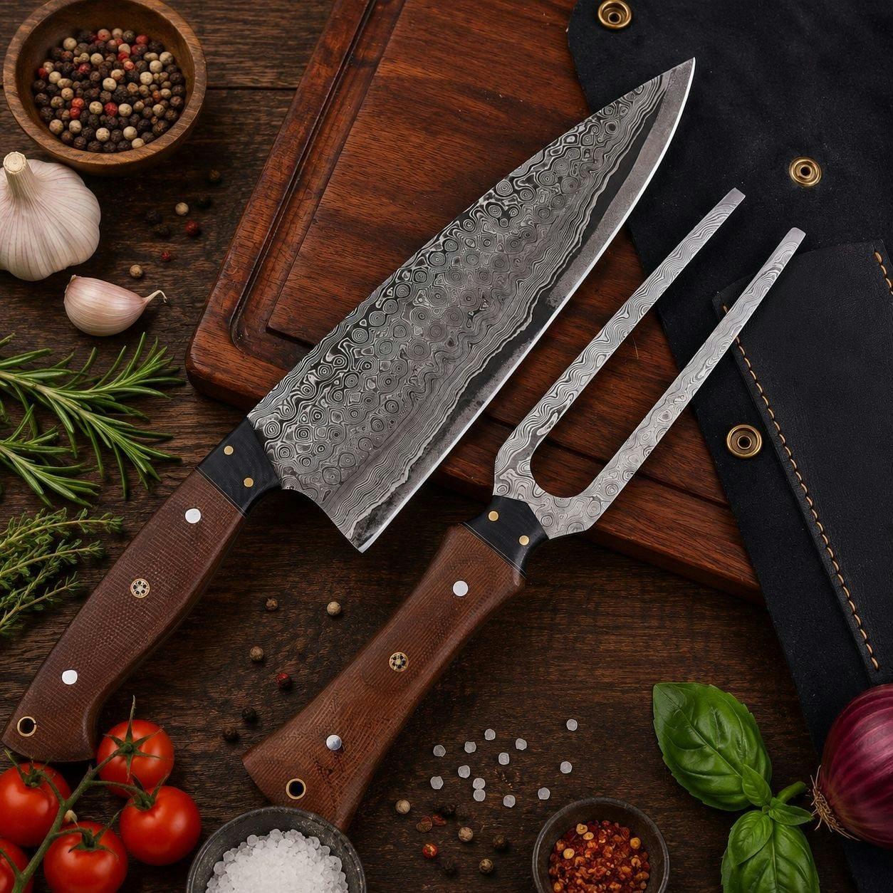 Hand-Forged Damascus BBQ Carving Set.