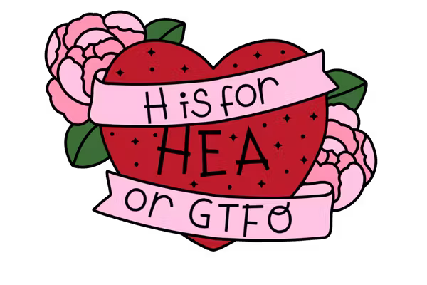 sticker mockup of H is HEA or GTFO with a heart and ribbon showcasing the text