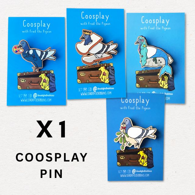 a collection of wooden laser cut pins showing an illustrated pigeon cosplaying as an artist, a mermaid, with it's had and feet stuck in slices of bread wearing a crown and a pigeon holding a sprig of mistletoe from it's beak