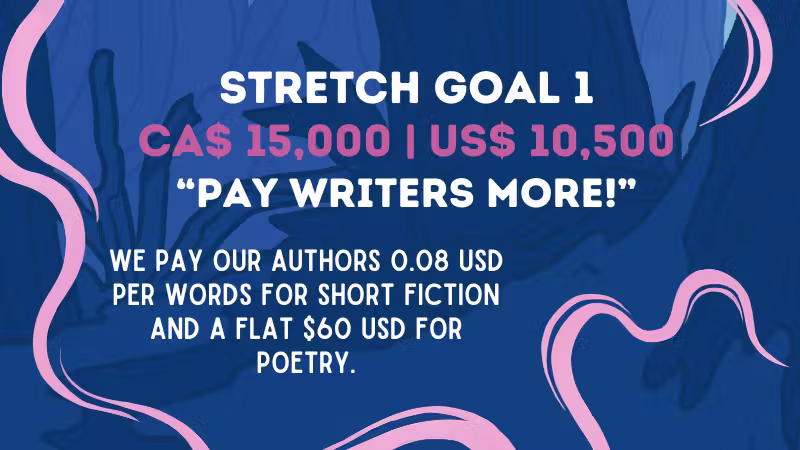Stretch Goal 1 - CA$15,000 - US$ 10,500 - "Pay Writers More!" We pay our authors 0.08 USD per words for short fiction and a flat $60 USD for poetry.