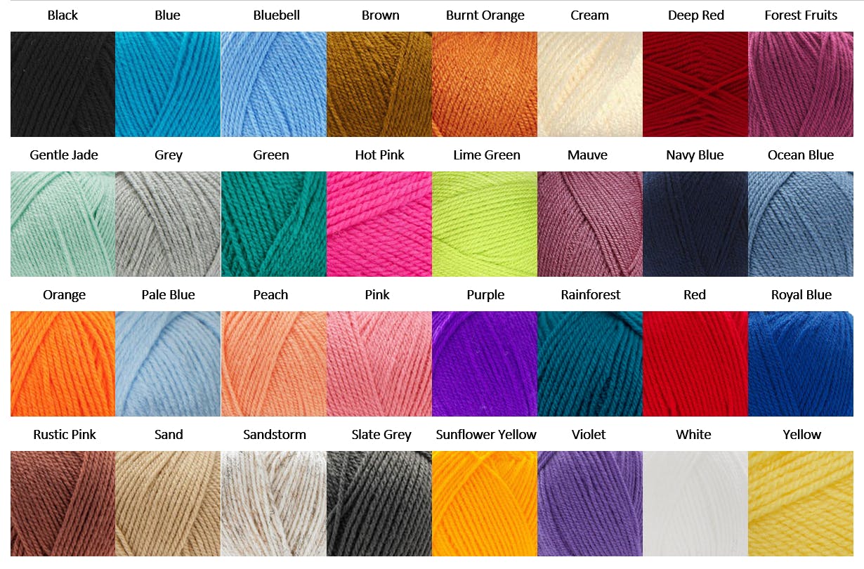  black, blue, bluebell, brown, burnt orange, cream, deep red, forest fruits, gentle jade, grey, green, hot pink, lime green, mauve, navy blue, ocean blue, orange, pale blue, peach, pink, purple, rainforest, red, royal blue, rustic pink, sand, sandstorm, slate grey, sunflower yellow, violet, white, yellow