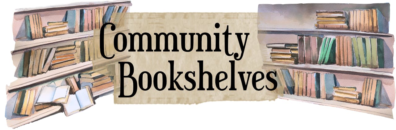  an imae with watercolour bookshelves on either side of the text "Community Bookshelves" 