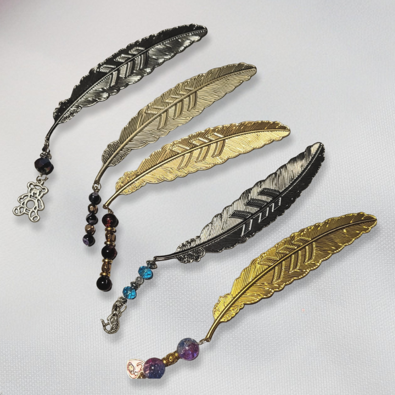 metal feather bookmarks with beads and/or charms