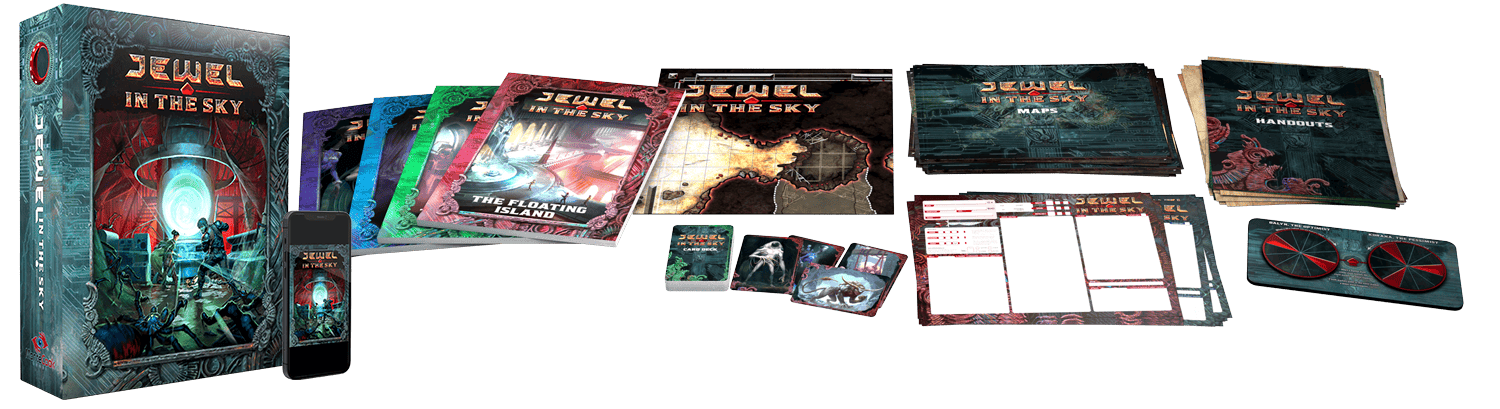 Mockup of the Jewel in the Sky boxed set, showing books, cards, handouts, and other components including more cards and the recently-unlocked mini-bestiary.