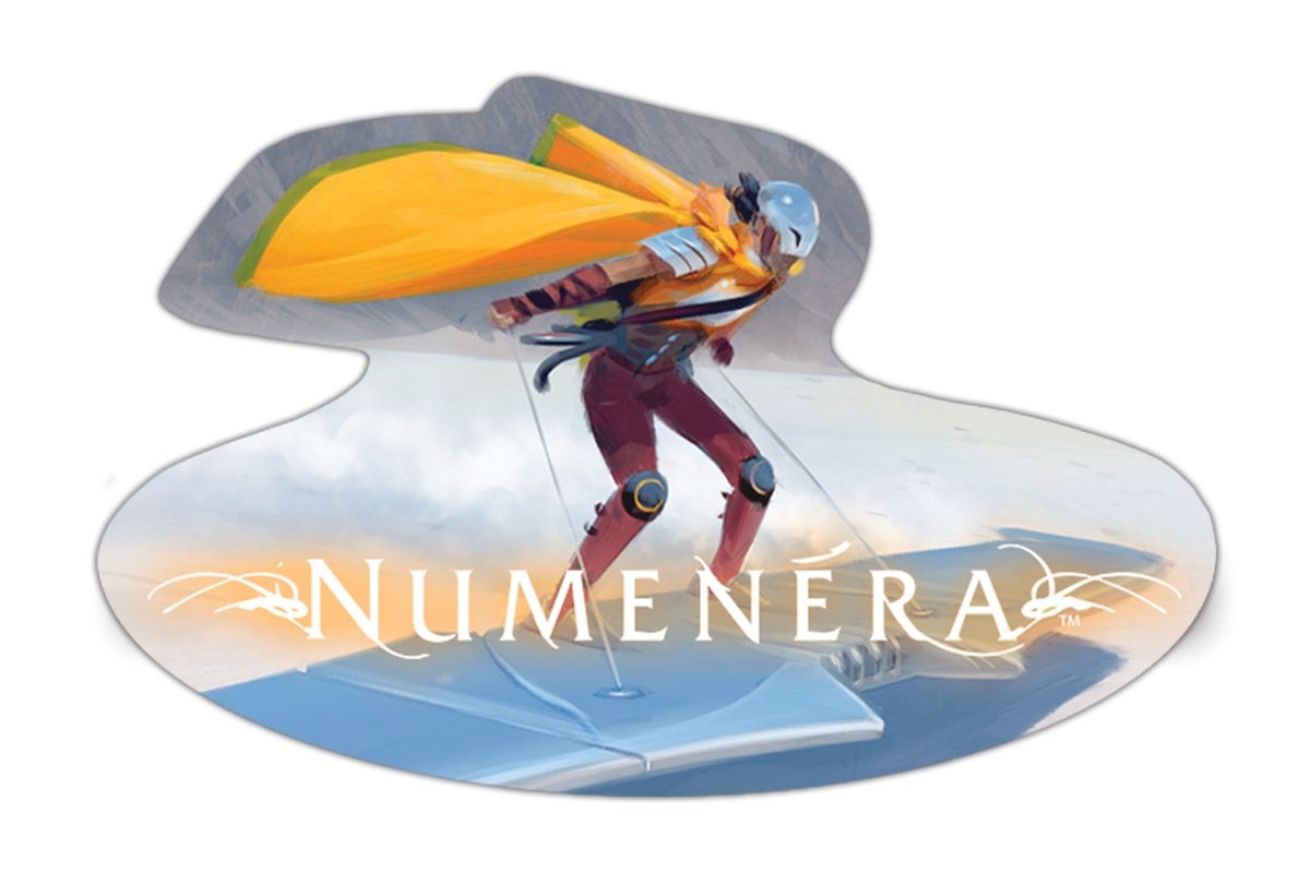 Sticker mockup with the Numenera logo over the image of a character riding a futuristic one-person flying wing.