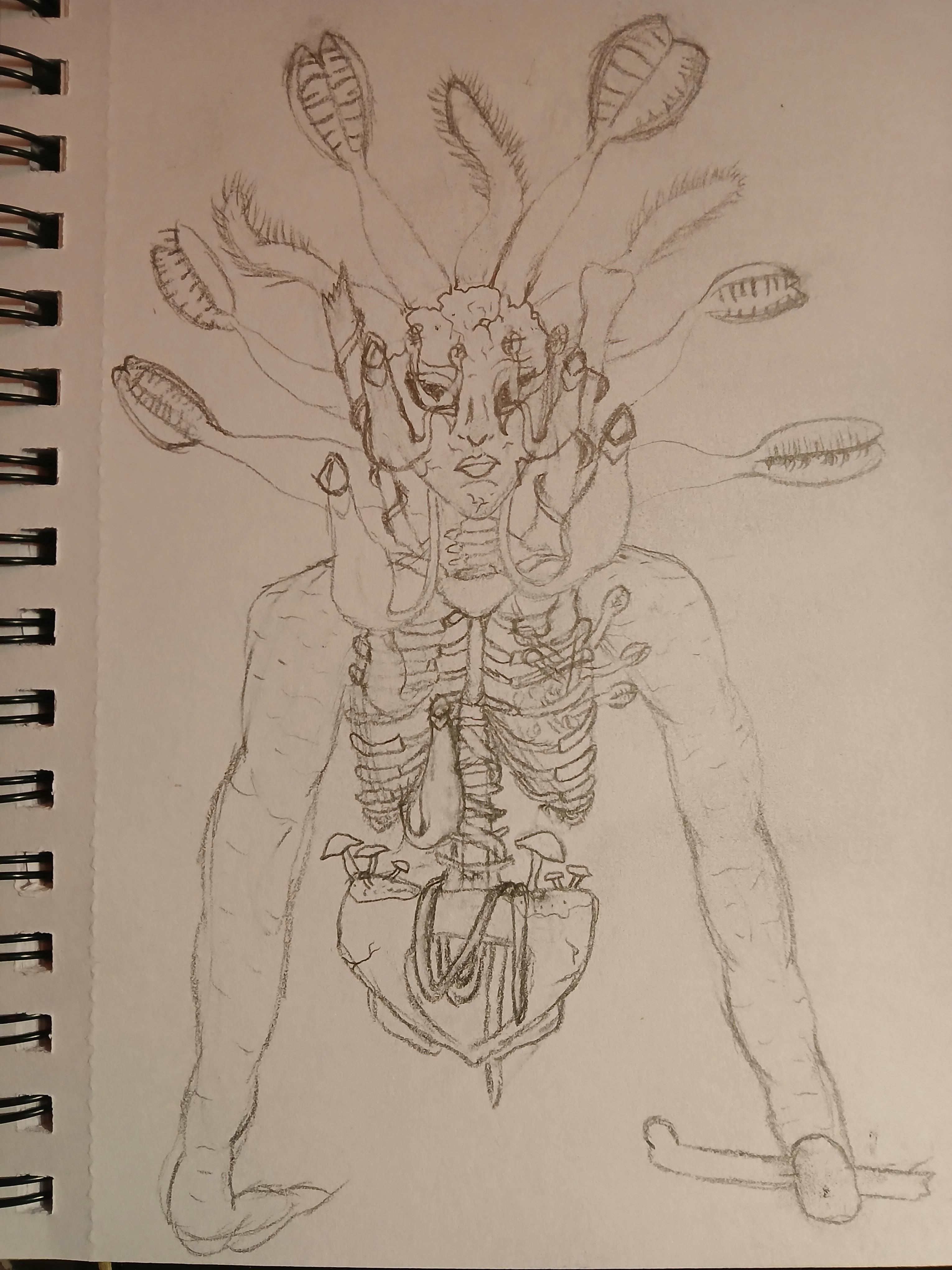 a pencil sketch of a creepy figure made of bones, meat arms, and carnivorous plants. They also have a cracked mask