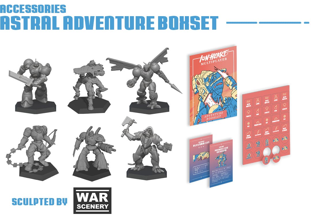 Mech Minis, STLs included, a softcover adventure booklet, and the Map and Token Sheet