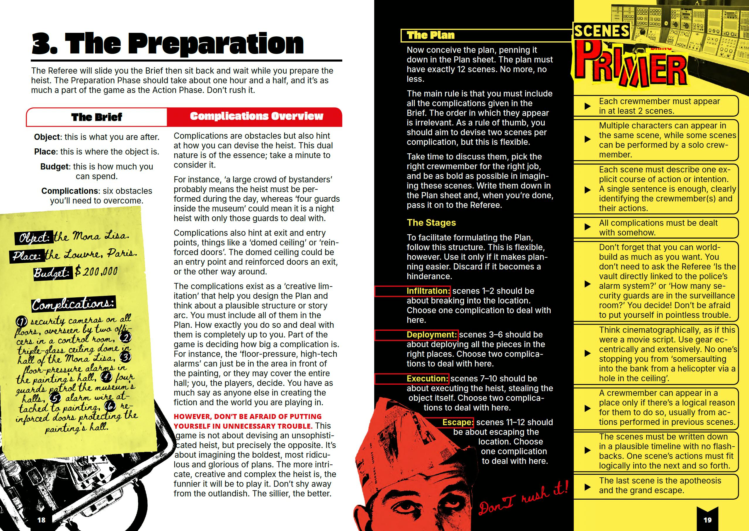 Image of a spread from the book showing how the Preparation Phase is played