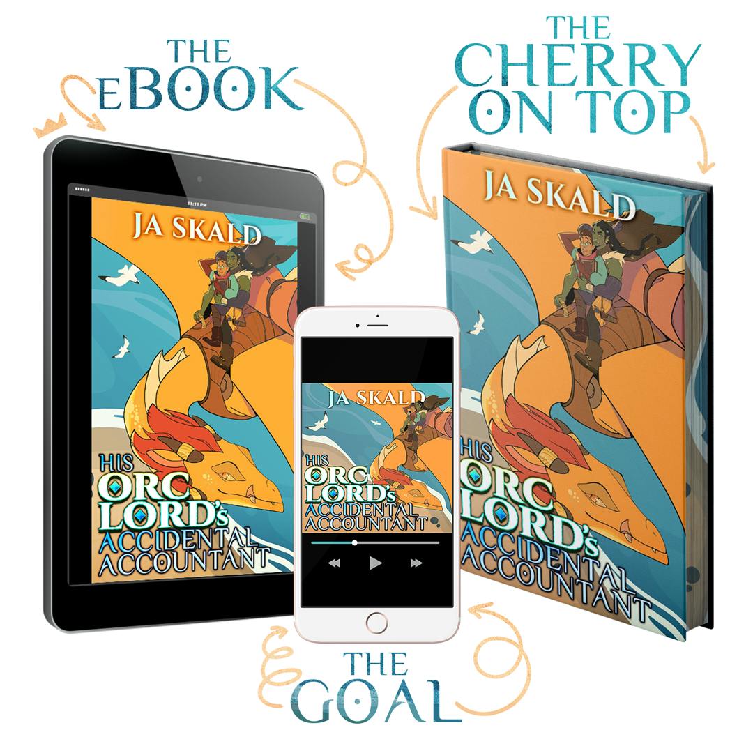 A tablet or eReader bearing the cover for His Orc Lord's Accidental Accountant under the words "The eBook", a phone bearing the audiobook of the same above the words "The Goal", plus a hardback additionally sporting sprayed edging under the words "The Cherry on Top".
