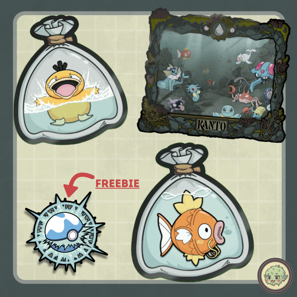 Jumbo Poke Aquarium Pin + 2x Fish Bag Lenticular Enamel Pin + Freebie Diveball Pin