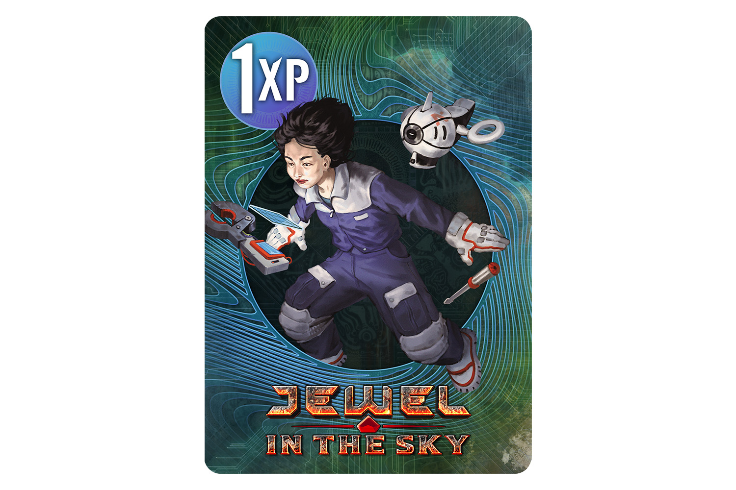 Mockup of a Cypher XP card featuring the Jewel in the Sky logo and an image of sci-fi technician character.
