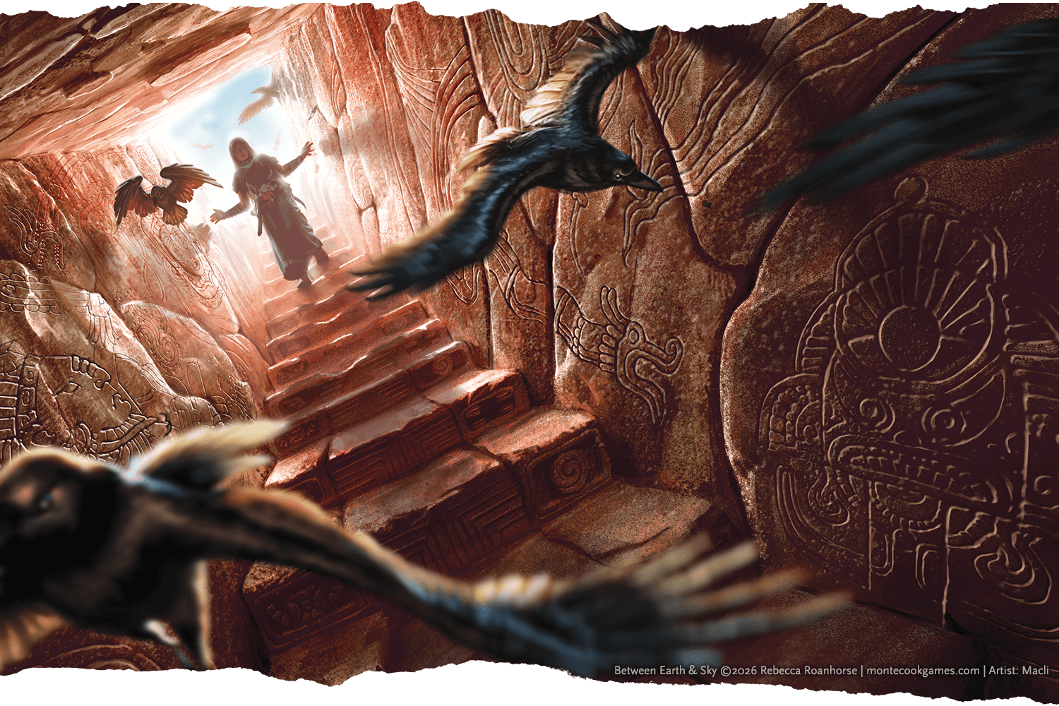 An illustration showing a character being led by crows into a narrow stone passageway.