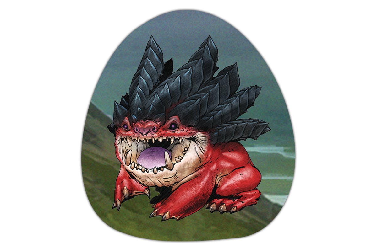 Mockup of a sticker showing a fantasy creature called a flying elchin, which looks like a strange red toad topped by a thick crop of horns.
