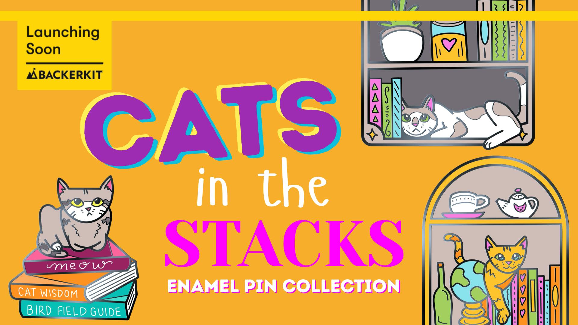 Cats in the Stacks Enamel Pin Collection