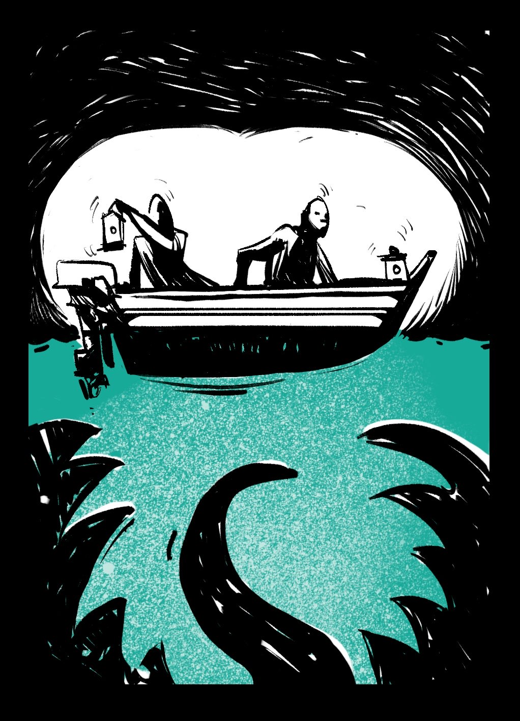 A small boat over a giant maw in the water.