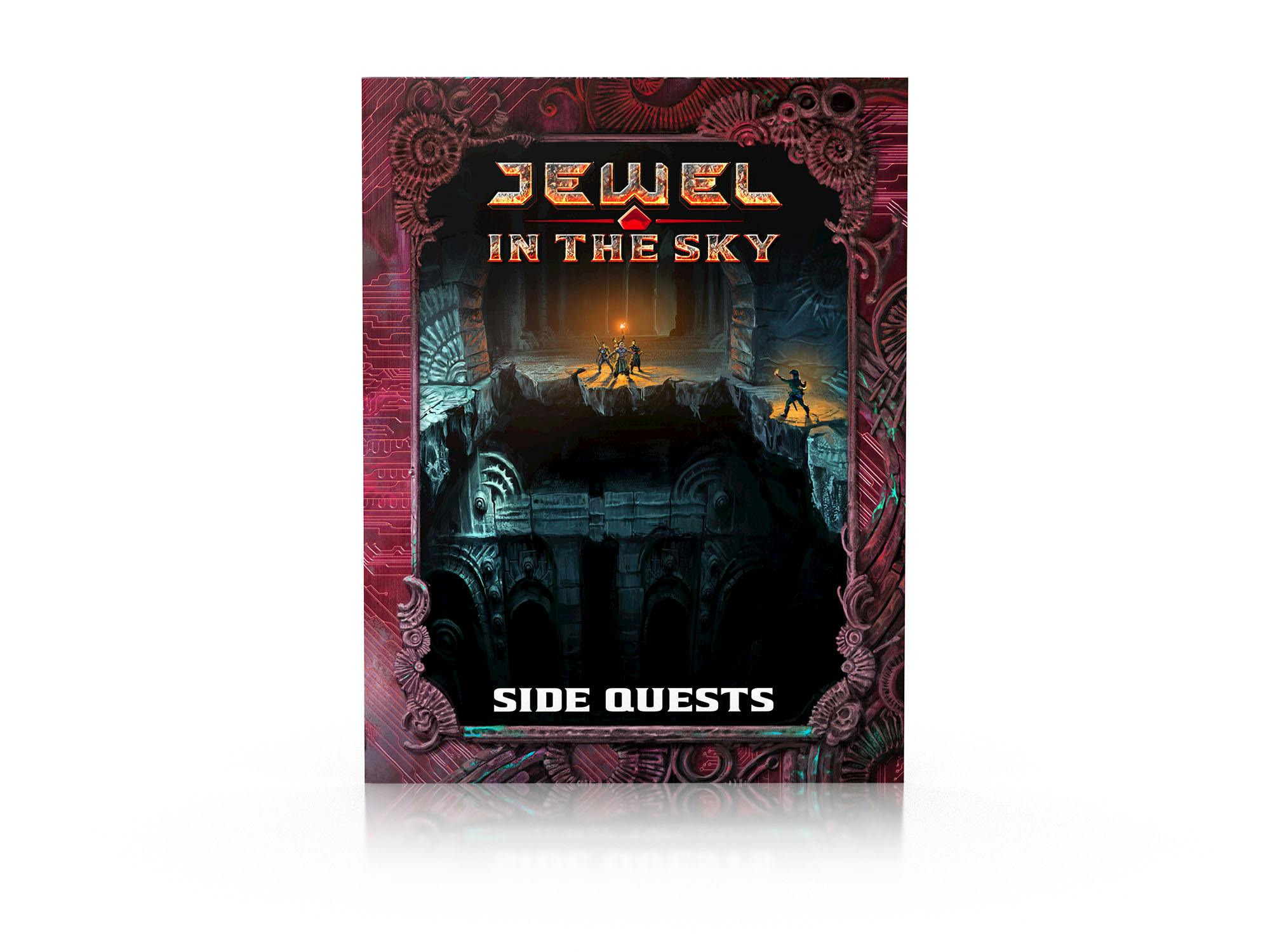 A mockup of a book with the Jewel in the Sky logo, titled Side Quests.