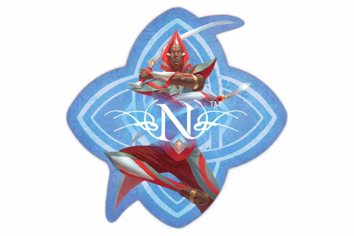 Mockup of a sticker showing a sword-wielding fantasy character, over the Order of Truth symbol and with a graphic "N" styled like the Numenera logo.