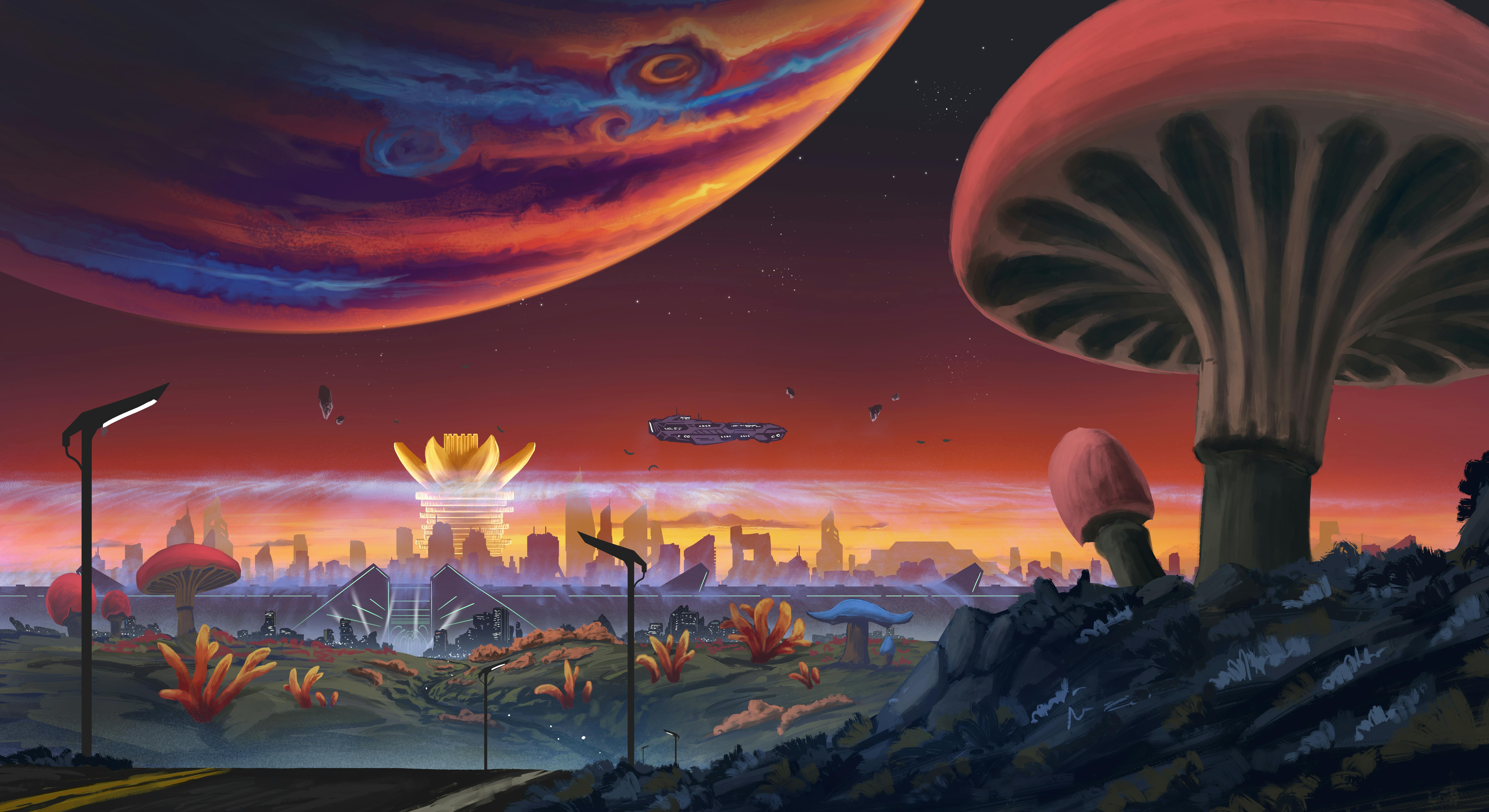 A landscape scene. A gas giant floating over a cityscape shrouded in fake atmosphere. A large spaceship floats between the city and the giant. Huge mushrooms grow in the rolling hills beyond the city, orange and blue and brown. A strange tower rises from the city's core, appearing to be a giant stack of coins with a crown on top.