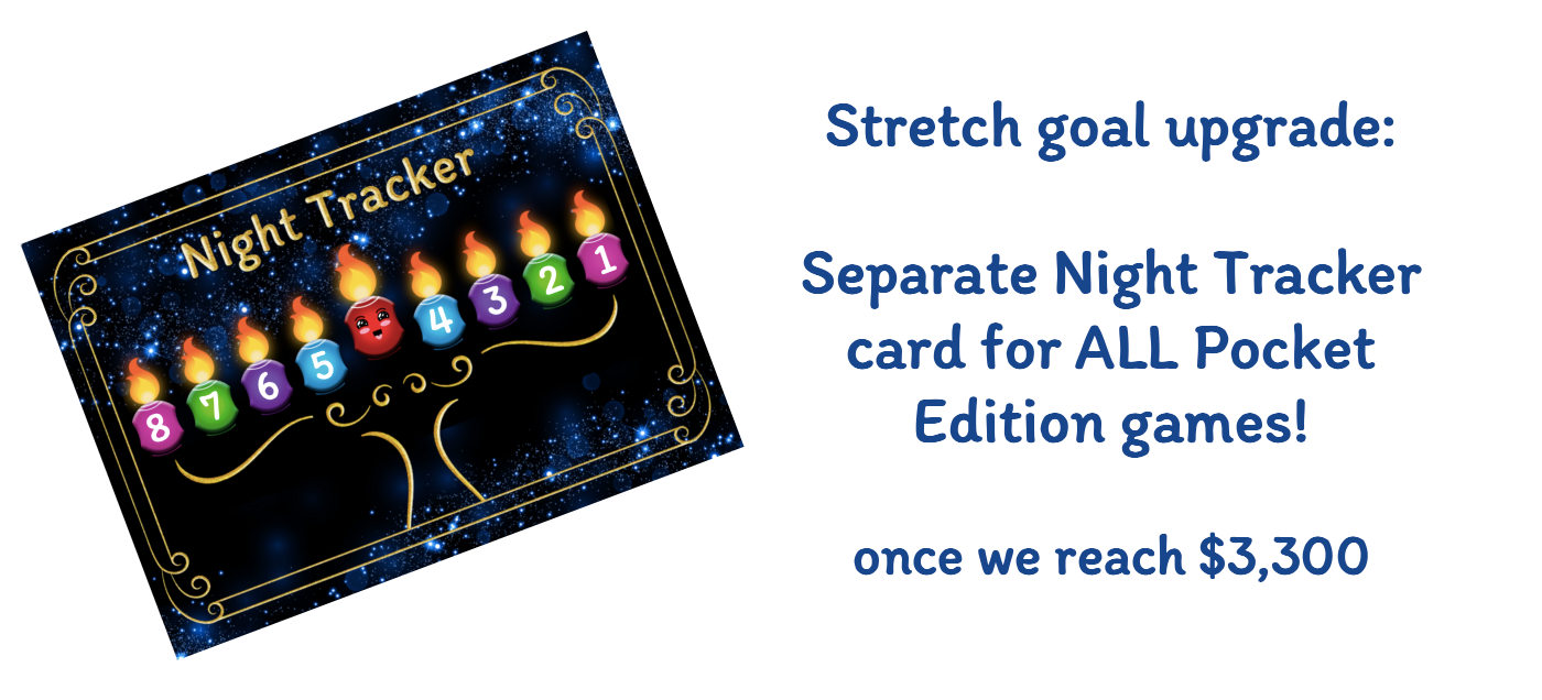 Night Tracker board on left, with text "Stretch goal upgrade: Separate Night Tracker card for ALL Pocket Edition games! once we reach $3,300"