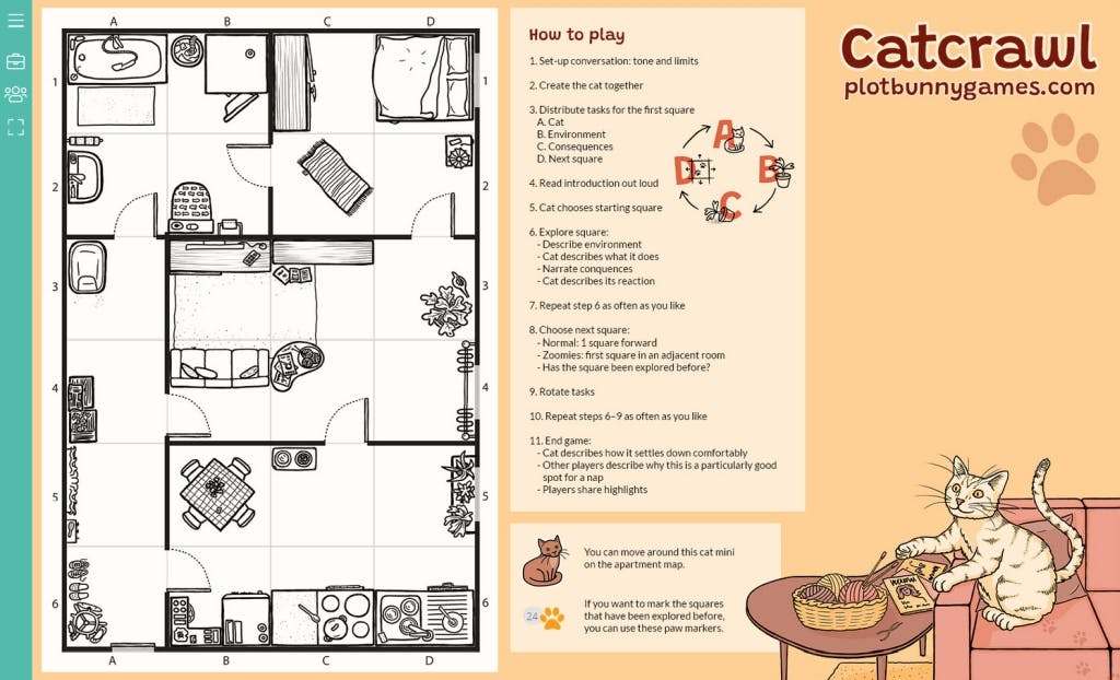 Screenshot showing the apartment map next to a summary of the rules and a moveable cat mini and paw prints. The top right corner says "Catcrawl. plotbunnygames.com" with a paw print below. The bottom corner shows the cat, sofa, and coffee table from the game's cover on a soft orange background.