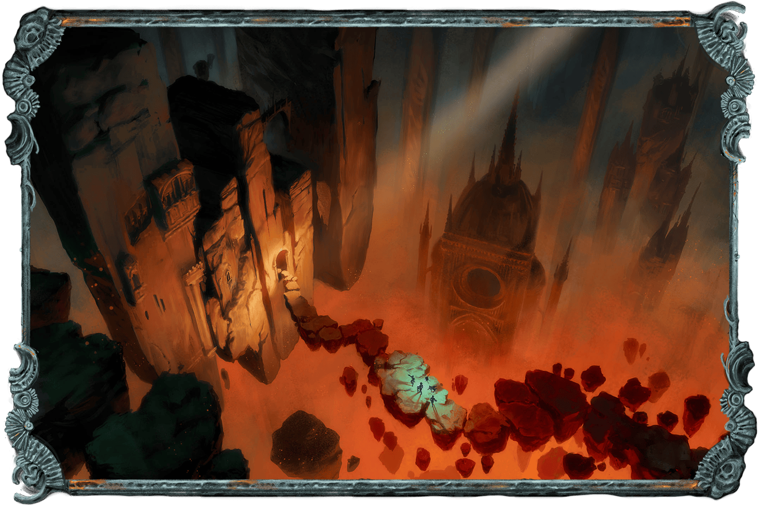 An illustration showing a group of characters as they traverse a fragmented and dangerous path across a large void in space. They're slowly making their way to a floating structure.