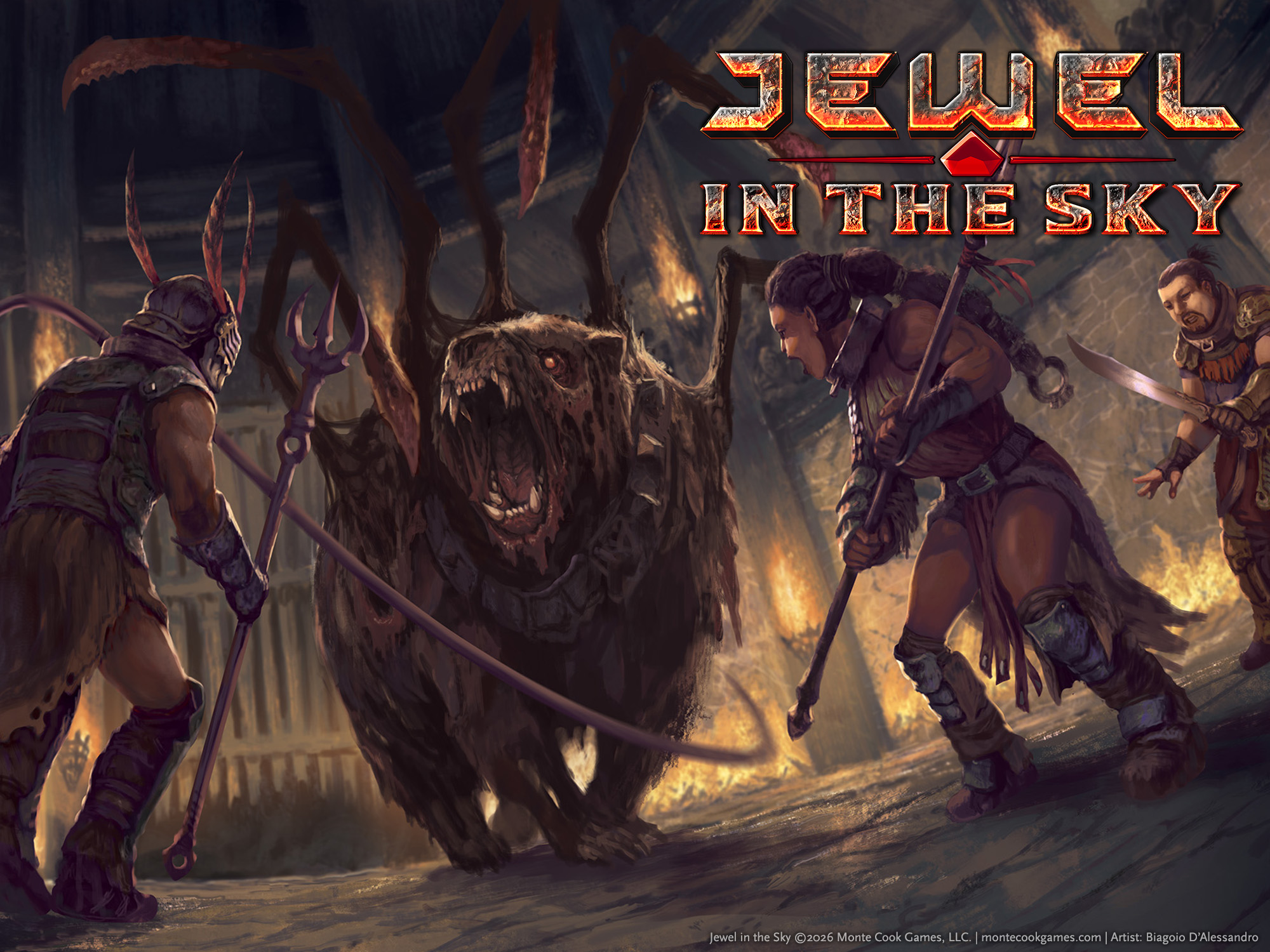 Illustration showing several fantasy characters facing down a strange bear-like creature with vicious segmented barbed arms reaching from its back.