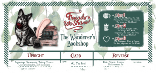a "ripped" stub of the collab reward printable showing the logos of both threads we share and the wanderer's bookshop in the centre an act key for threads on the right and  a cute little dog next to and inkpot and pile of books. 