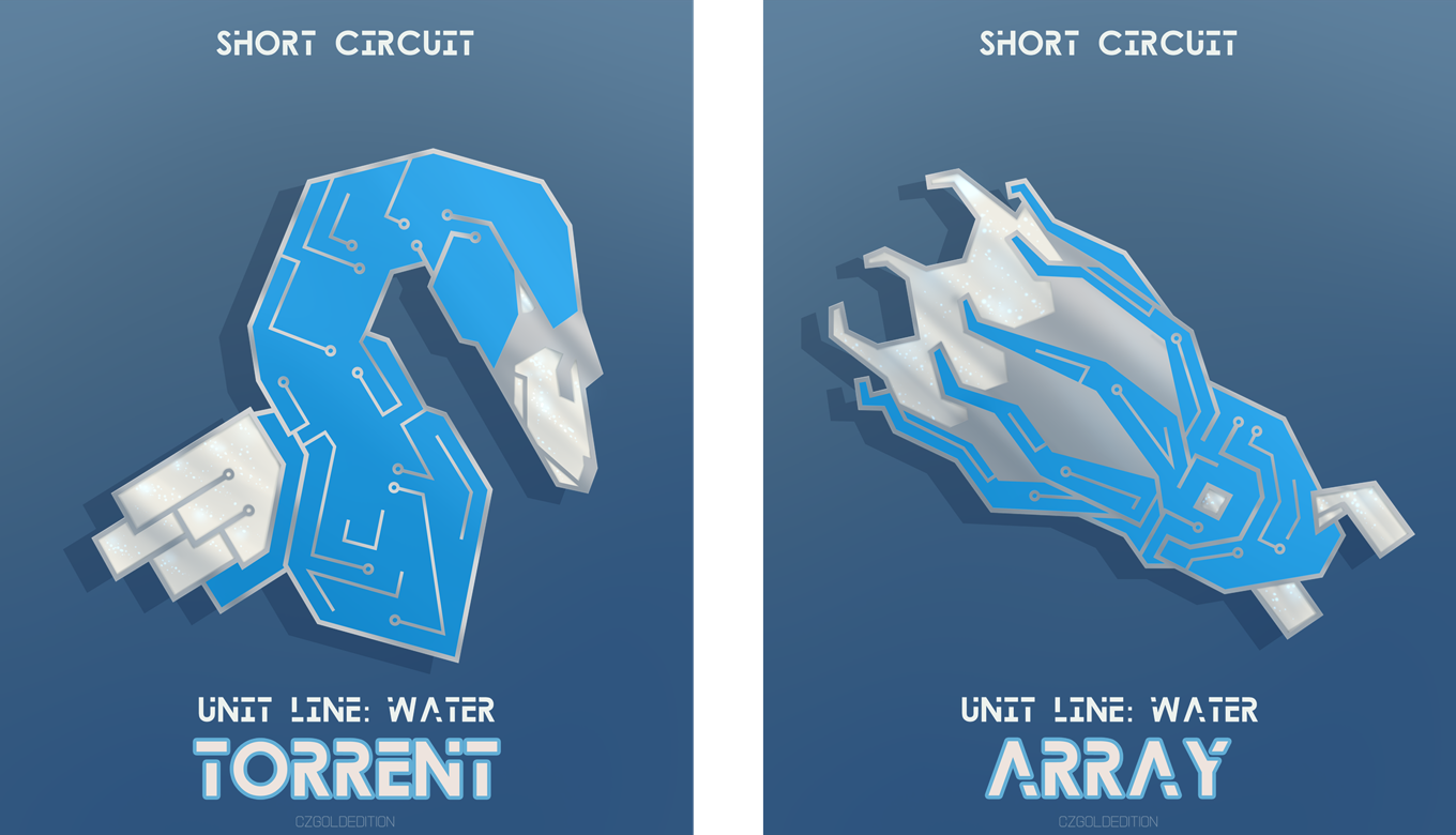 On the left, a design for an enamel pin of a blue printed circuit board in the likeness of a swan. Text on the image reads, "Short Circuit", "Unit Line: Water", "Torrent". On the right, a design for an enamel pin of a blue printed circuit board resembling a vampire squid. Text on the image reads, "Short Circuit", "Unit Line: Water", "Array".