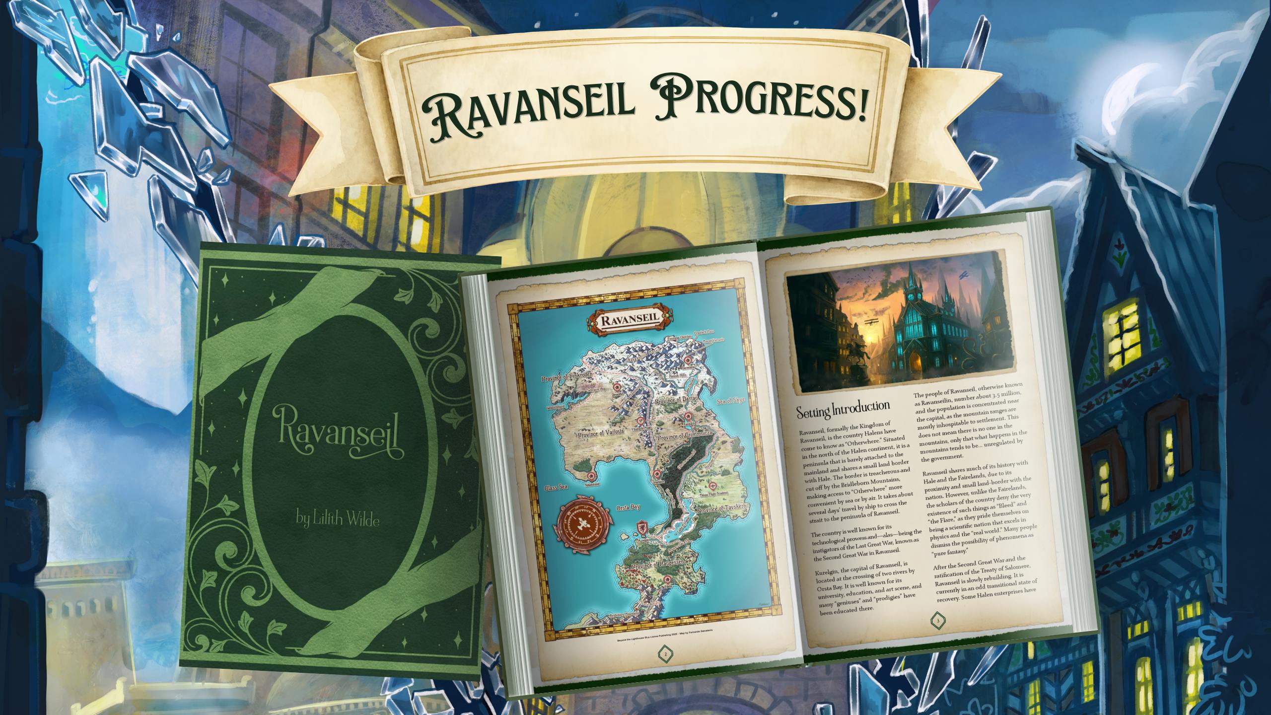 Preview mockups of the country of Ravanseil's pages fully laid out in a double spread. The Ravanseil title page is off to one side, with swirls and plant details on it.