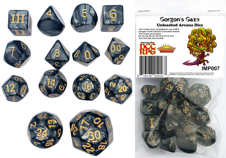 Gorgon's Gaze DCC 14 dice set plus DCC/5E monster PDF for Blink Golem