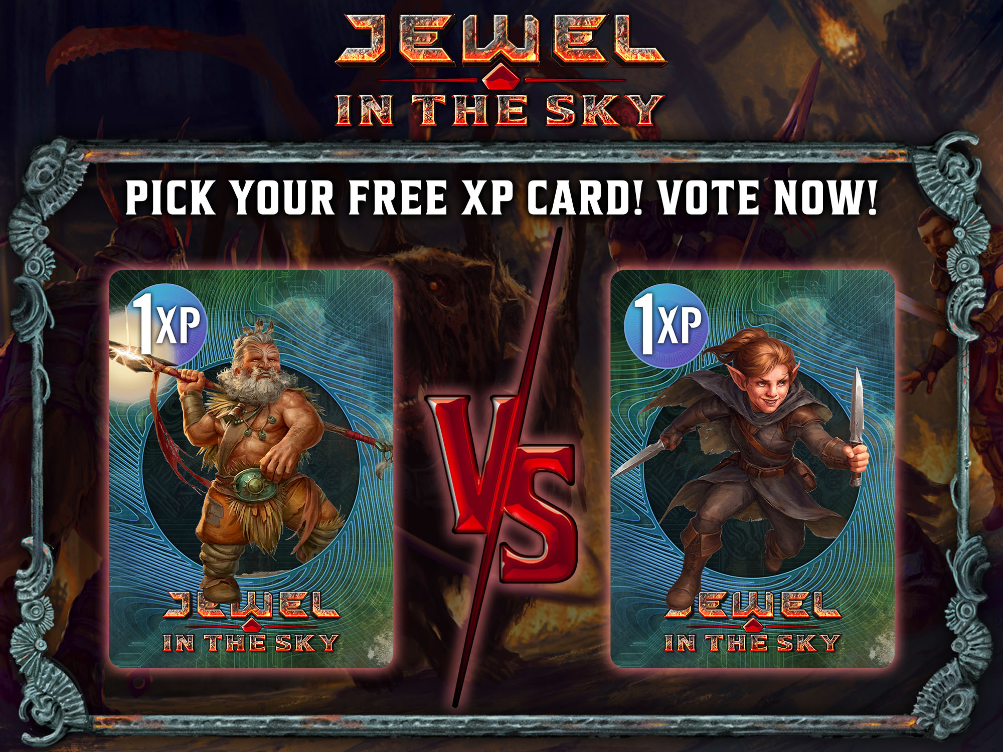 Image showing the Jewel in the Sky logo above two cards, with a "vs." between them and the text "Pick your free XP card! Vote now!" One card shows a fantasy dwarf character with a glowing spear; the other shows a fantasy halfling character wielding two knives.