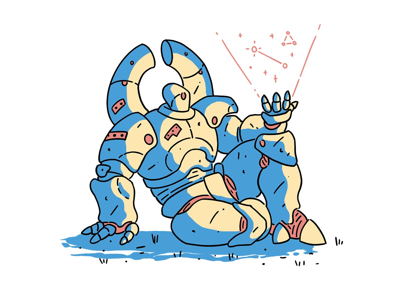 A Mech relaxes, displaying a hologram of the Aegeic Galaxy as they and their pilot plan the next step of their journey.