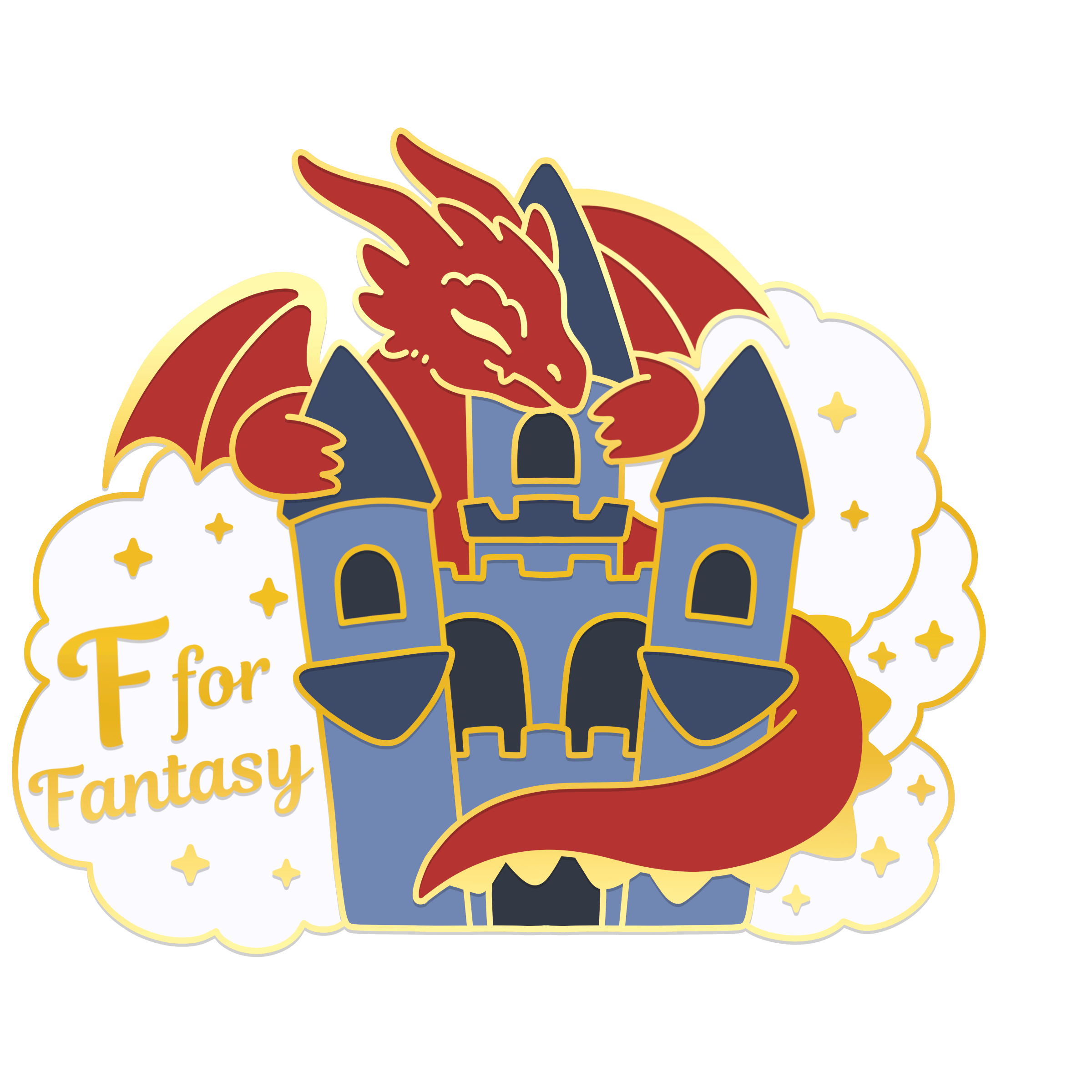 F is fantasy pin design, with a dragon curling around a castle