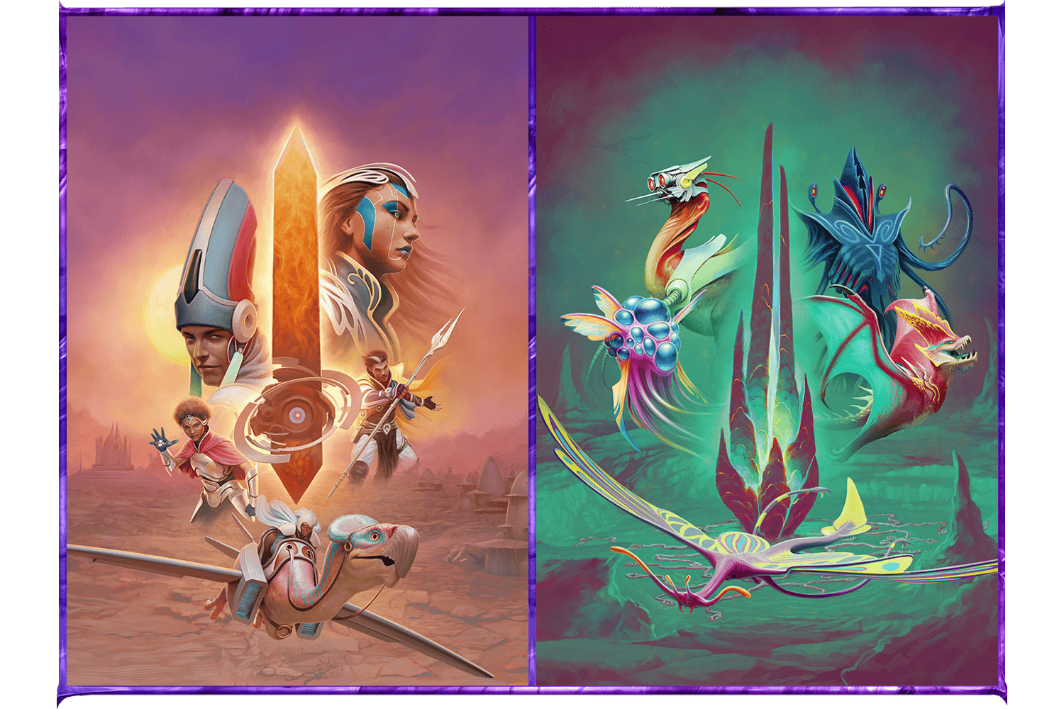 Two illustrations showing the covers of the Numenera sourcebook and the Beasts of the Amber Archives book.