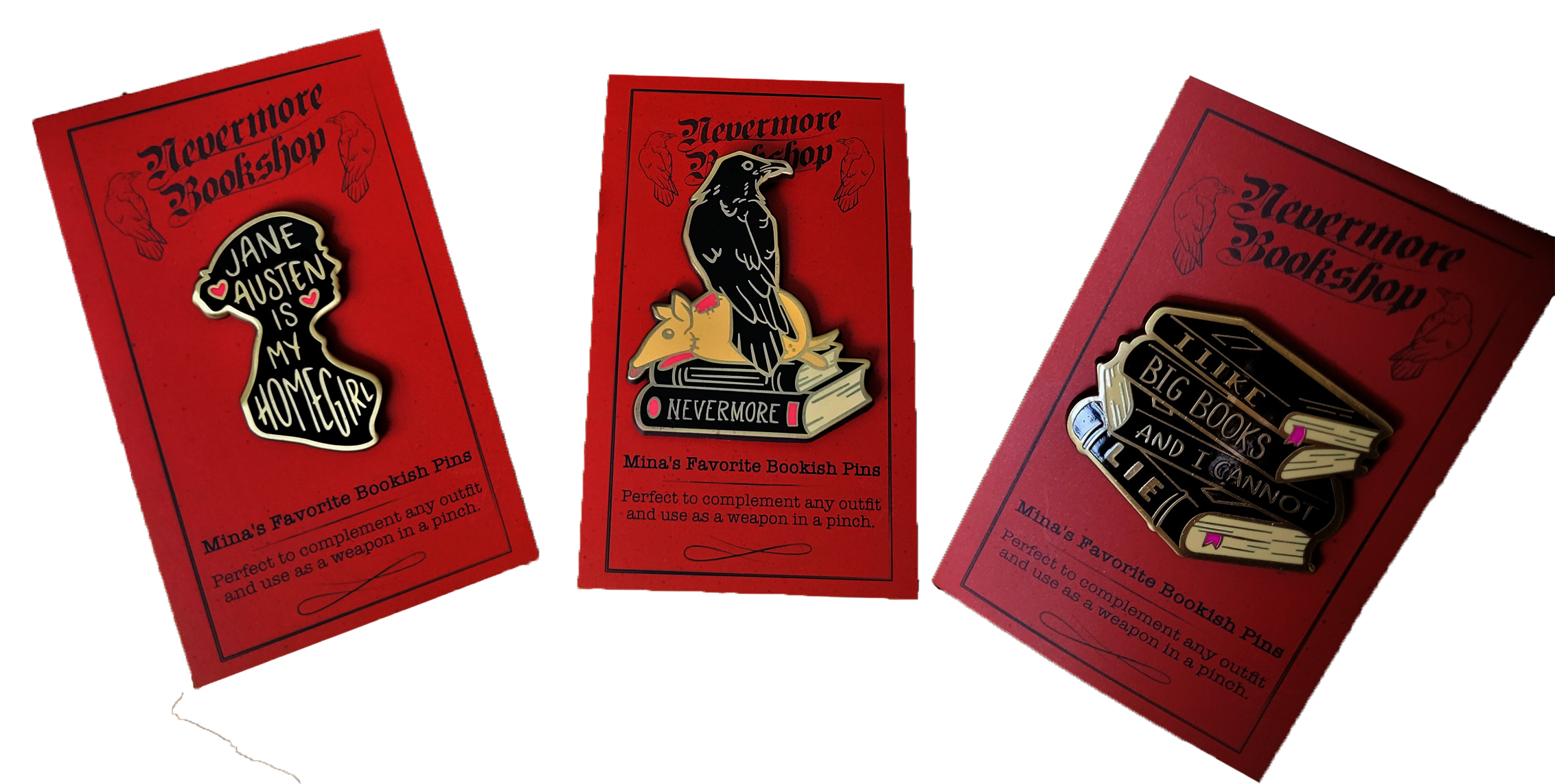 Nevermore Bookshop enamel pins