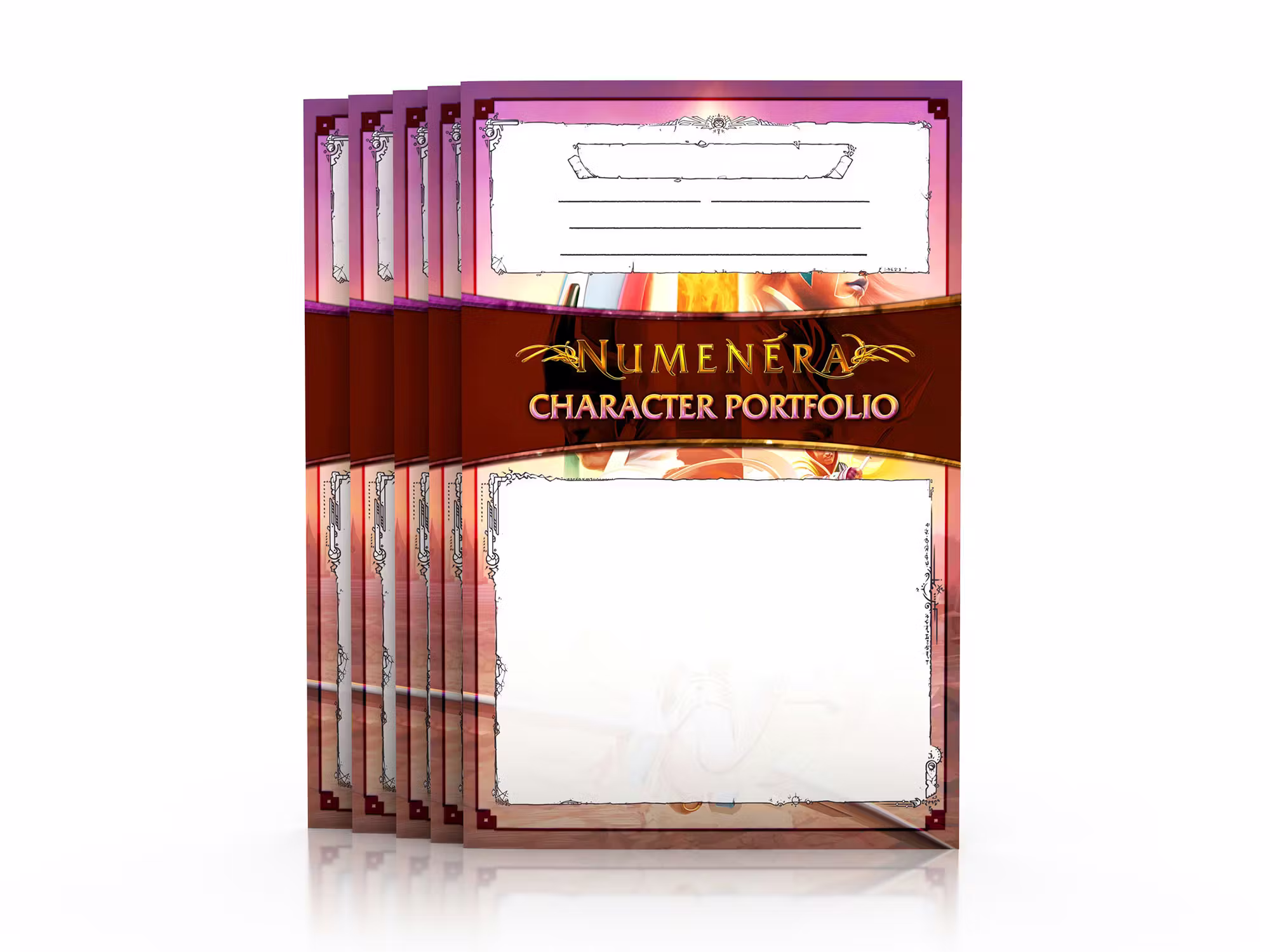 Mockup showing a set of five Numenera Character Portfolios.