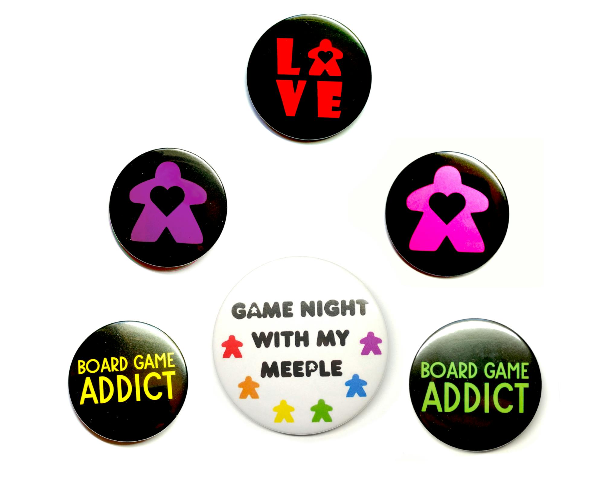  58mm board gamer button badges, LOVE, Meeple heart, game night with my meeple and board game addict