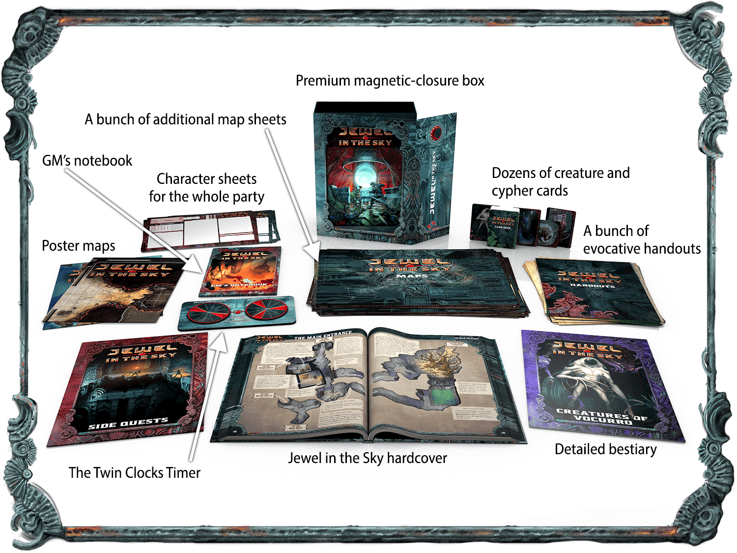 An image showing the box set contents, including: the standard edition hardcover; a poster map; a dozen+ additional map sheets; a bunch of evocative handouts; dozens of creature and cypher cards; character sheets for the whole party—both fantasy and sci-fi versions; the Twin Clocks Timer; a detailed bestiary; a GM notebook; the side quests book; and the premium magnetic-closure box.