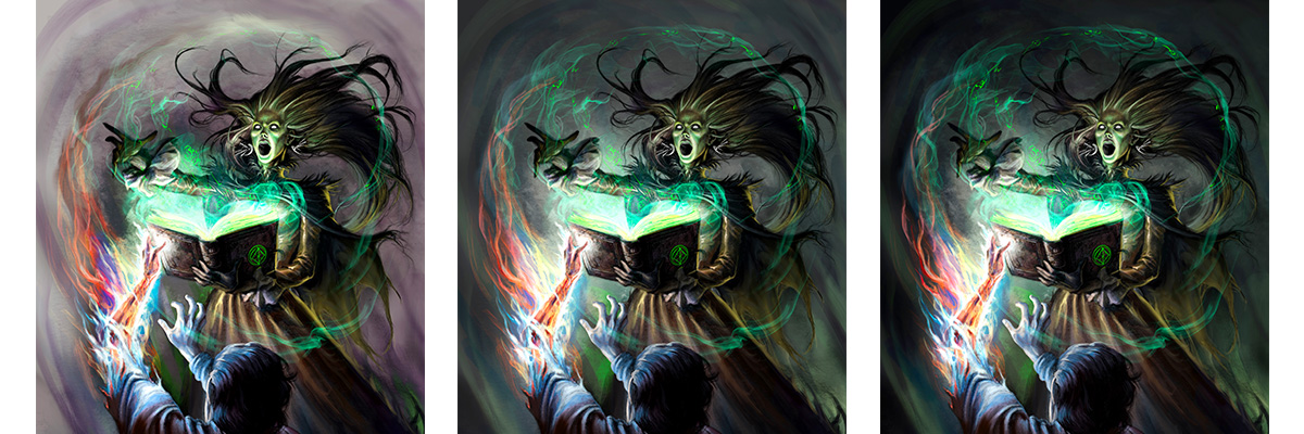 Three versions of an image showing a witch reading from a book to cast a spell that disintegrates the flesh of a person in the foreground. The coloration and brightness varies between the three versions.