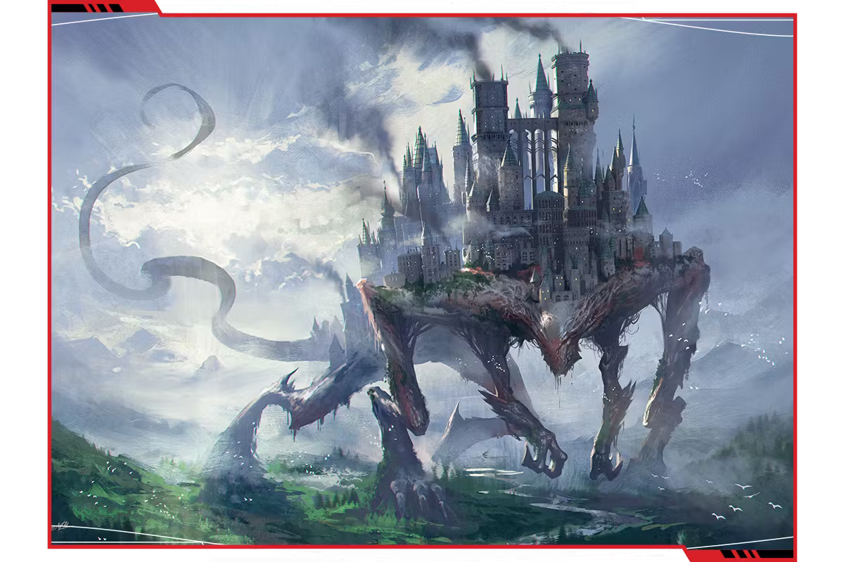 A scene showing a huge creature dwarfing the landscape around it; on its back is a gothic city.
