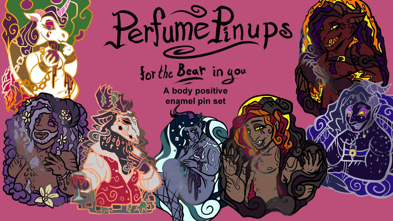 Plus-size perfume pinups enamel pins