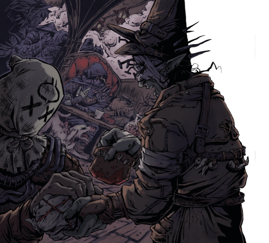  A drow in a run down junk-store is exchanging goods for coin with an individual wearing a sack cloth over their head 