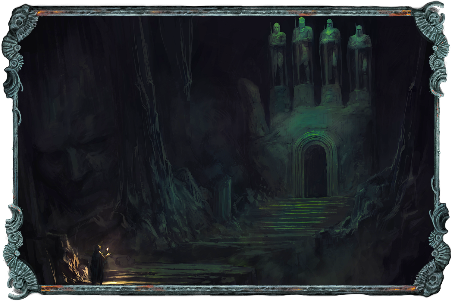 Illustration showing explorers in a dark dungeon space ascending a stairs toward an archway. Over the arch are four carved figures, which form the fingers of a hand-like carving.
