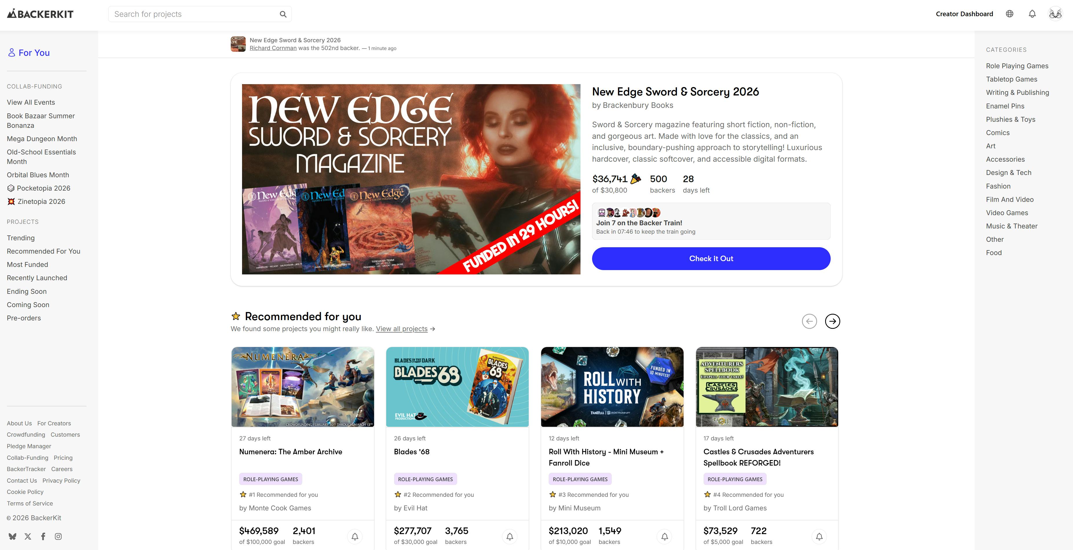  The front page of Backerkit, with us in the top slot. 