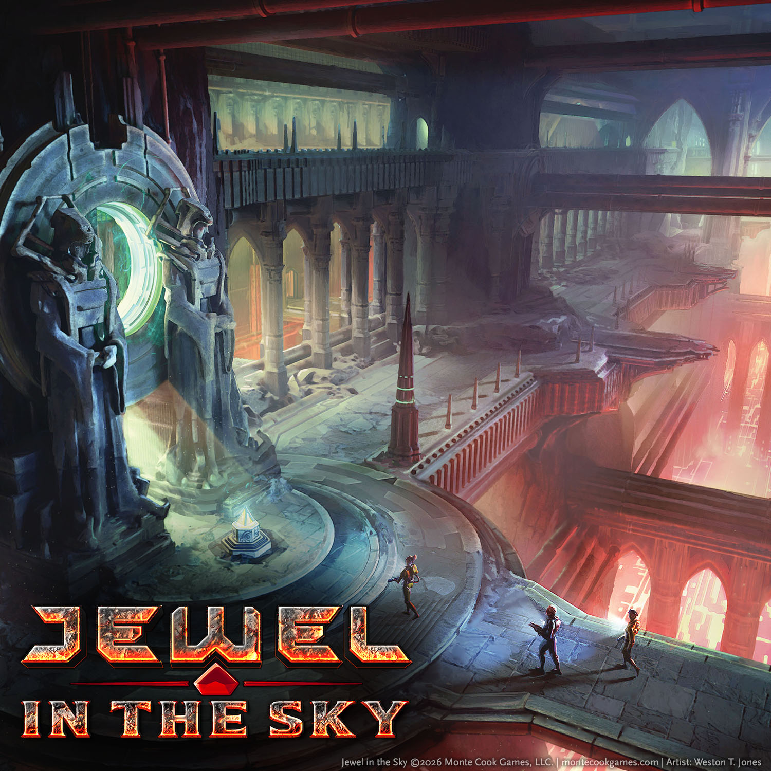Art showing a group of fantasy characters in an expansive room carefully making their way toward a red, glowing reliquary, with the Jewel in the Sky logo.