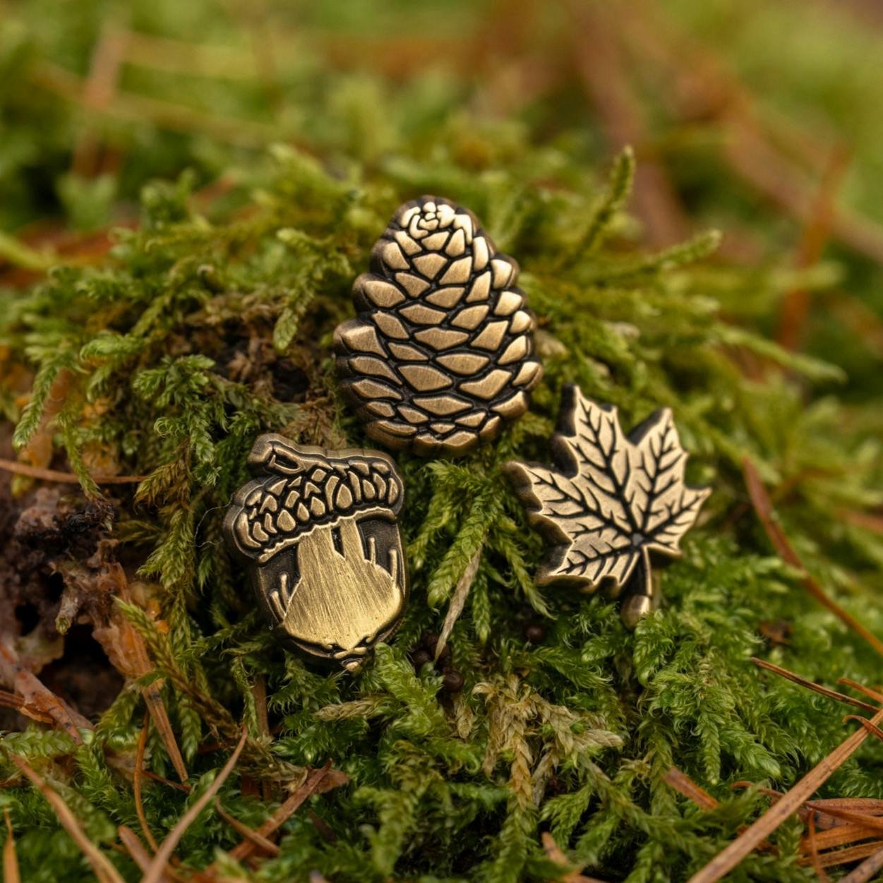 3x  Mini Antique Brass Pins - Forest Treasure Set 
