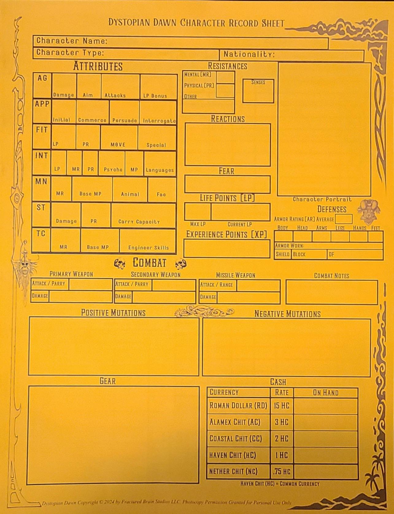 Goldenrod Character Sheet Set [4-pages]