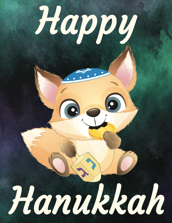 greeting card design with the words "Happy Hanukkah" and an adorable fox character holding a dreidel, biting into a piece of chocolate gelt, and wearing a blue kippah
